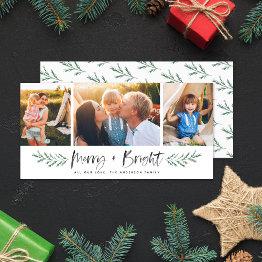 Small Pineneedle Merry And Bright Modern 3 Photo Collage Holiday Invitations Front View