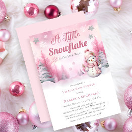 Small Pink A Little Snowflake Girl Virtual Baby Shower Invitation Front View