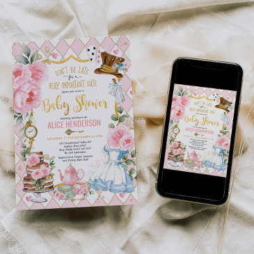 pink alice in wonderland mad tea party baby girl invitation