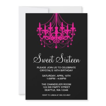 pink and black chandelier sweet sixteen birthday invitation