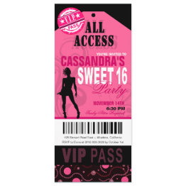 Small Pink And Black Vip Sweet 16 Ticket Party Invitation Front View