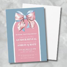Small Pink And Blue Bow Gender Reveal Party Invitation Front View