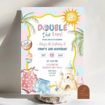 pink and blue groovy pastel sibling beach birthday invitation
