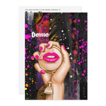 pink and gold glam chic beauty salon grand opening invitation