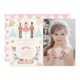 Small Pink And Gold Nutcracker Birthday Sugar Plum Fairy Invitation Front View