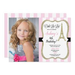Small Pink And Gold Paris Eiffel Tower Birthday Photo Invitation Front View