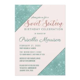 Small Pink And Teal Blue Faux Glitter Sequin Sweet 16 Invitation Front View