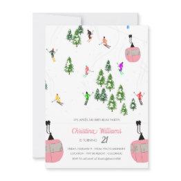 Small Pink Aprés Ski Skiing Birthday Invitation Front View