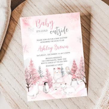 pink arctic animals baby shower invitation