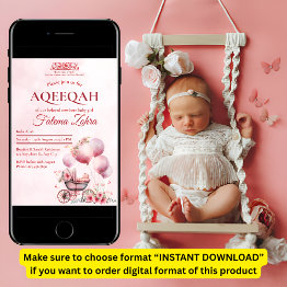 Small Pink Balloon Stroller Baby Girl Muslim Aqiqah Invitation Front View