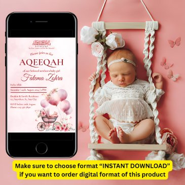 pink balloon stroller baby girl muslim aqiqah invitation