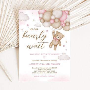 pink bear balloon baby shower invitation