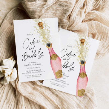 pink birthday cake and bubbly champagne invitation