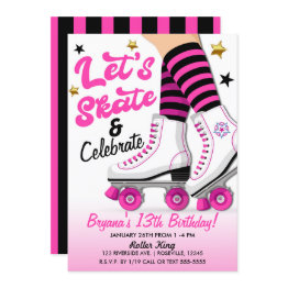 Small Pink & Black Roller Skate Skating Birthday Party Invitation Front View