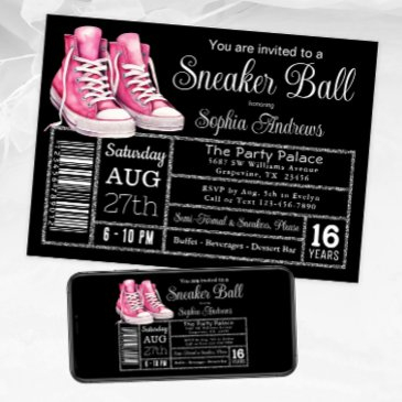 pink black sneaker ball birthday party shoe label invitation