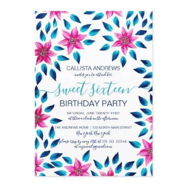 pink blue flowers leaves acrylic paint sweet 16 invitation