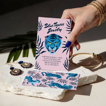 pink blue tiger tropical leaves cool earring invitations