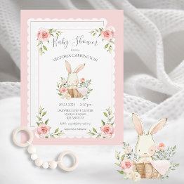 Small Pink Blush Bunny Rabbit Baby Shower Invitation Front View