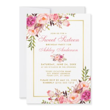 pink blush floral gold sweet 16 birthday invite