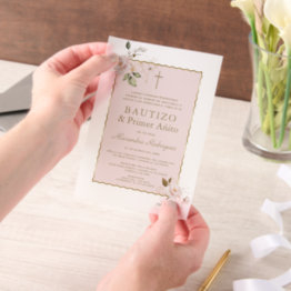 Small Pink Blush Floral Spanish 1st Birthday Baptism Vellum Invitations Front View