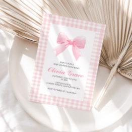 Small Pink Bow And Gingham Preppy Baby Shower Invitation Front View