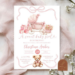 Small Pink Bow Baby Carriage Girl Baby Shower Invitation Front View
