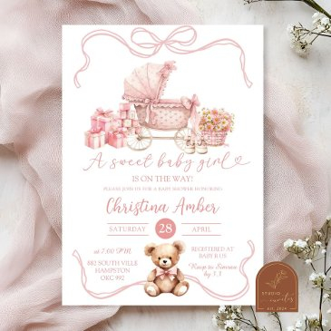 pink bow baby carriage girl baby shower invitation