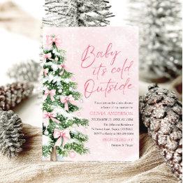 Small Pink Bow Baby It's Cold Outside Baby Shower Invitation Front View