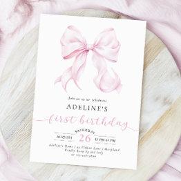 Small Pink Bow Coquette Girl First Birthday Invitation Front View