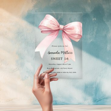 pink bow cream elegant sweet 16 clear acrylic invitations