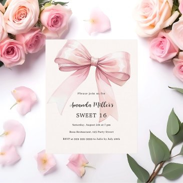 pink bow cream elegant sweet 16 invitation