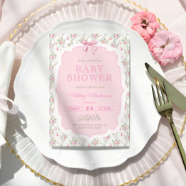 Small Pink Bow Elegant Girl Baby Shower Qr Code Invitation Front View