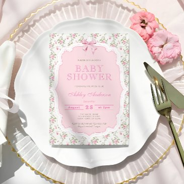 pink bow elegant girl baby shower qr code invitation