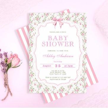 pink bow floral baby shower invitation