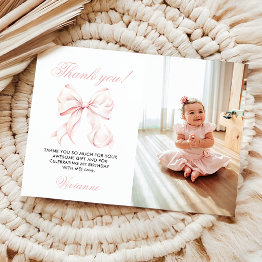 Small Pink Bow Girl First Birthday Flat Thank You Invitations Front View