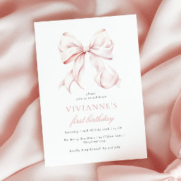 Small Pink Bow Girl First Birthday Invitation Front View