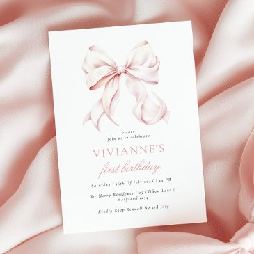 pink bow girl first birthday invitation
