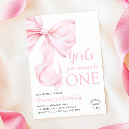 Small Pink Bow Girls Just Wanna Be One First Birthday Invitation Front View