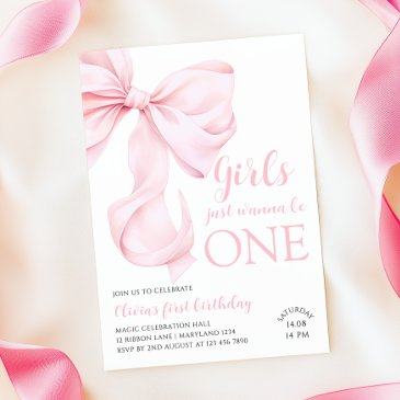 pink bow girls just wanna be one first birthday invitation