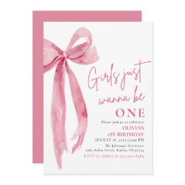 Small Pink Bow Girls Just Want To Be One 1st Birthday Invitation Front View