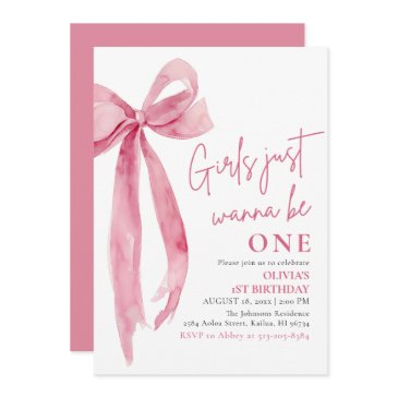 pink bow girls just want to be one 1st birthday invitation