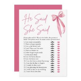 Small Pink Bow He Said She Said Bridal Shower Game Invitation Front View