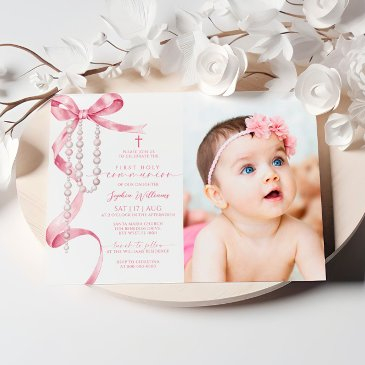 pink bow & rosary photo first holy communion invitation