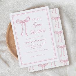 Small Pink Bow She's Tying The Knot Bridal Shower Invitation Front View