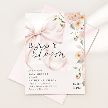 pink bow watercolor floral baby shower invitation