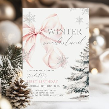 pink bow winter onerderland girl 1st birthday invitation