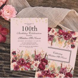 Small Pink Burgundy Floral Gold Glitter 100th Birthday Invitation Front View