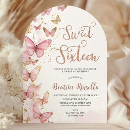 Small Pink Butterflies Sweet Sixteen 16 Birthday Arch Invitation Front View