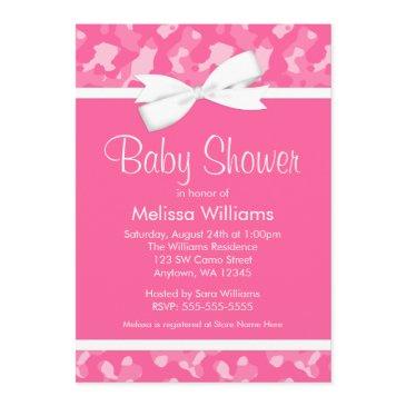 pink camouflage printed bow baby shower invitation