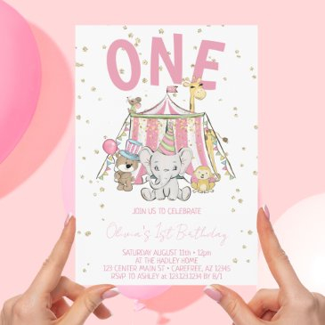 pink carnival circus kid's 1st birthday invitation